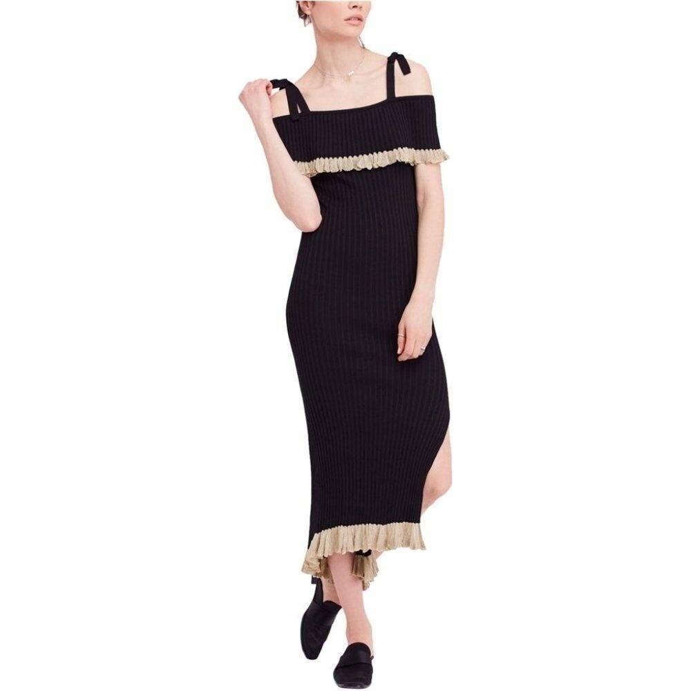 Free People Midi Dress Black Ribbed Knit Ruffle Bodycon Medium‎ Boho Cocktail